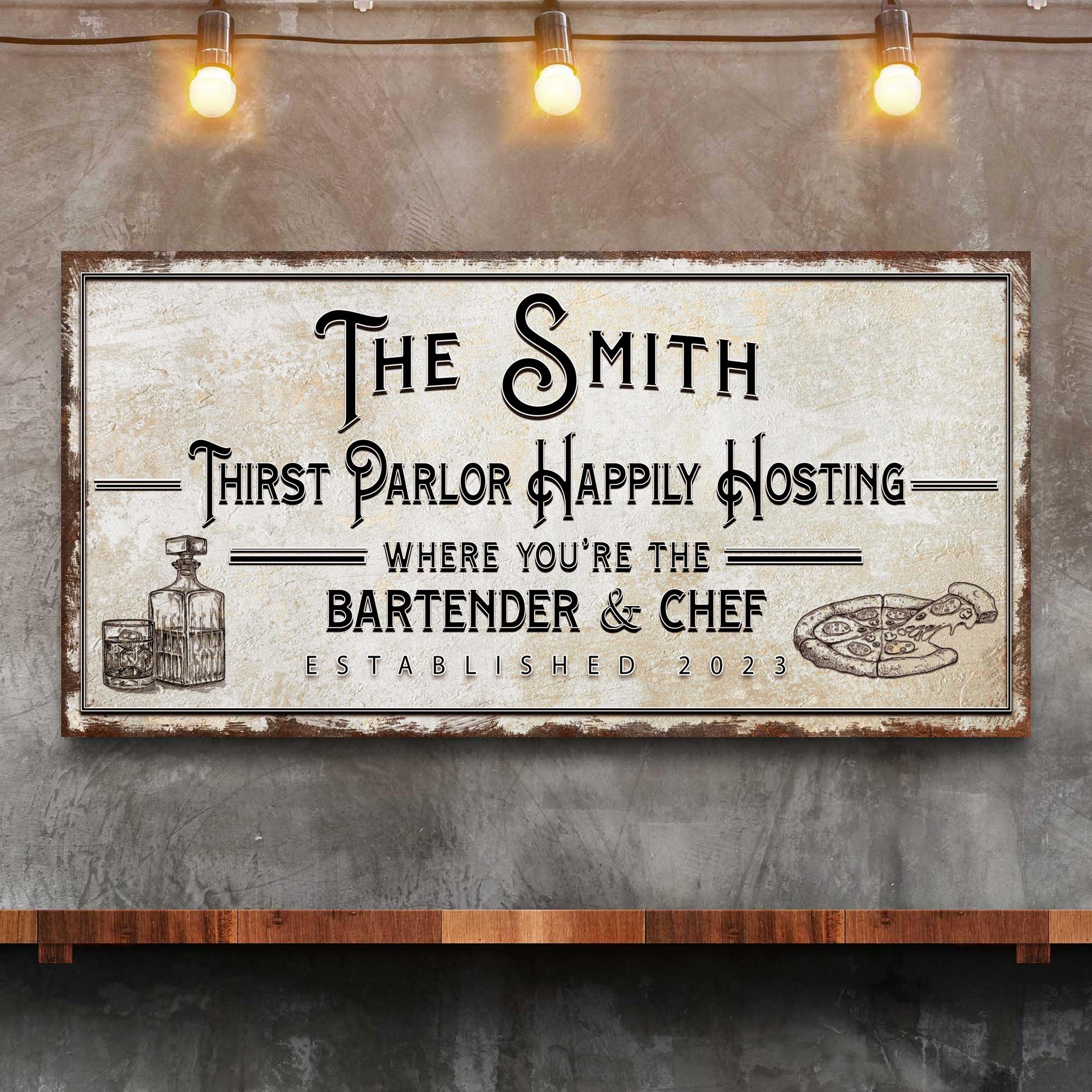 Family Thirst Parlor Happily Hosting Sign canvas with rustic frame on Tampa Home & Garden Store