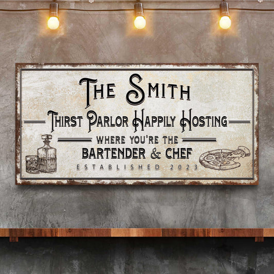 Family Thirst Parlor Happily Hosting Sign canvas with rustic frame on Tampa Home & Garden Store