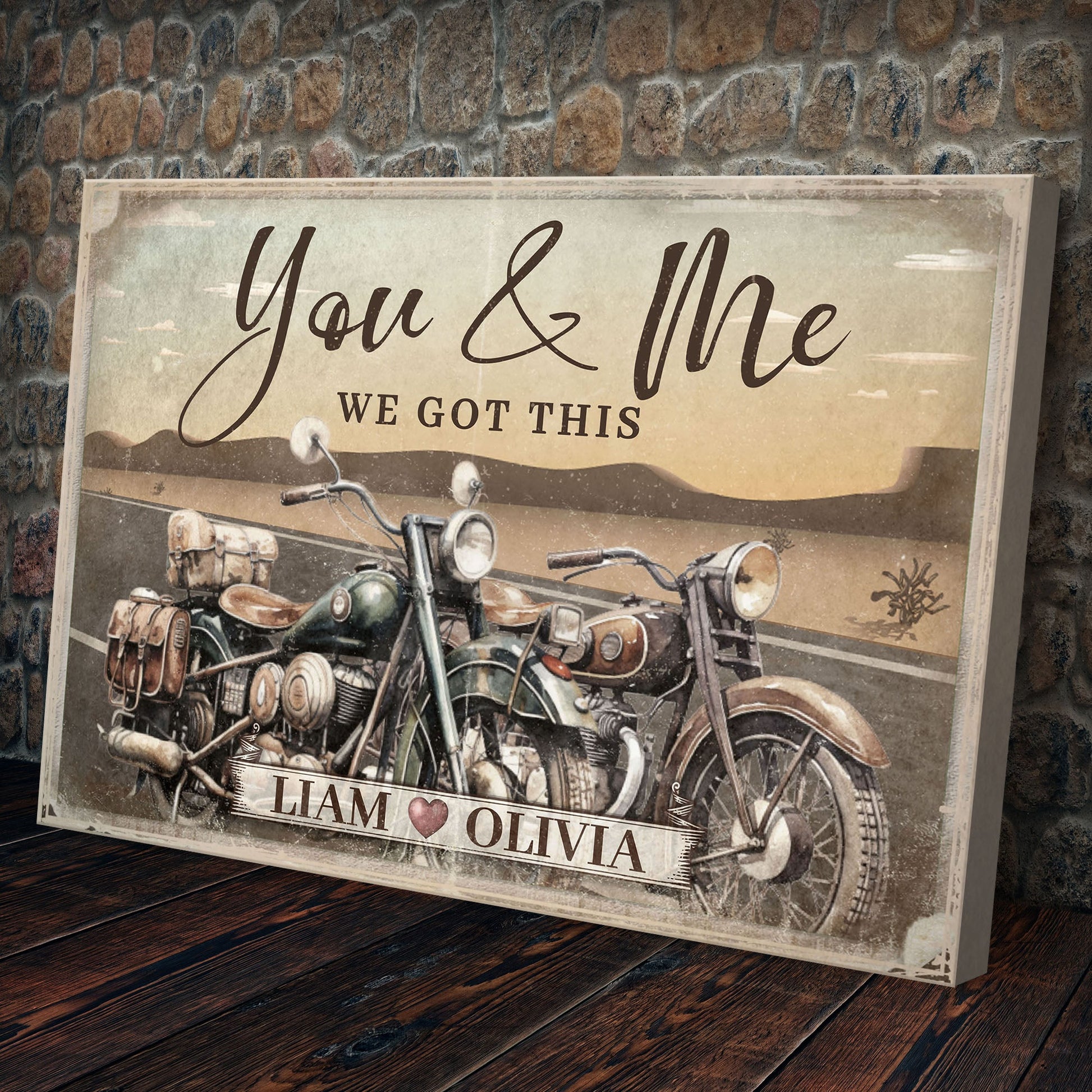 Motorcycle We Got This Couple Sign canvas Tailored Canvases with Liam Olivia on beige on Tampa Home & Garden Store