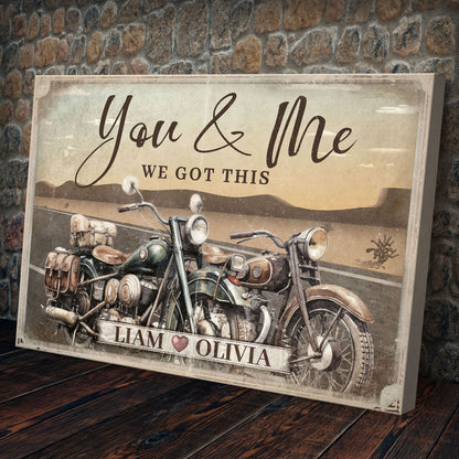Motorcycle We Got This Couple Sign canvas Tailored Canvases with Liam Olivia on beige on Tampa Home & Garden Store