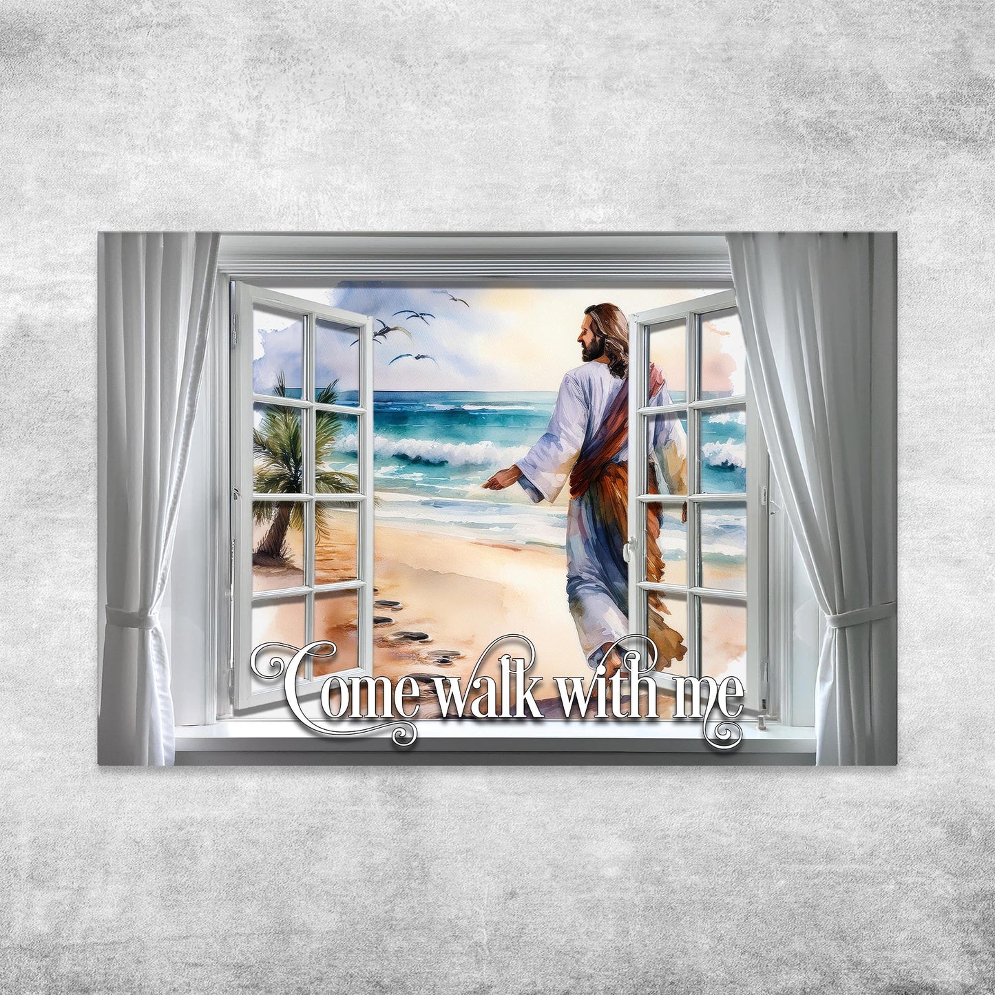 Canvas Come Walk With Me sign by Tailored Canvases robed figure on beach seen through window on Tampa Home & Garden Store