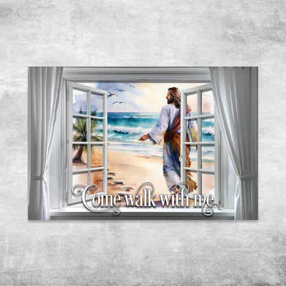 Canvas Come Walk With Me sign by Tailored Canvases robed figure on beach seen through window on Tampa Home & Garden Store