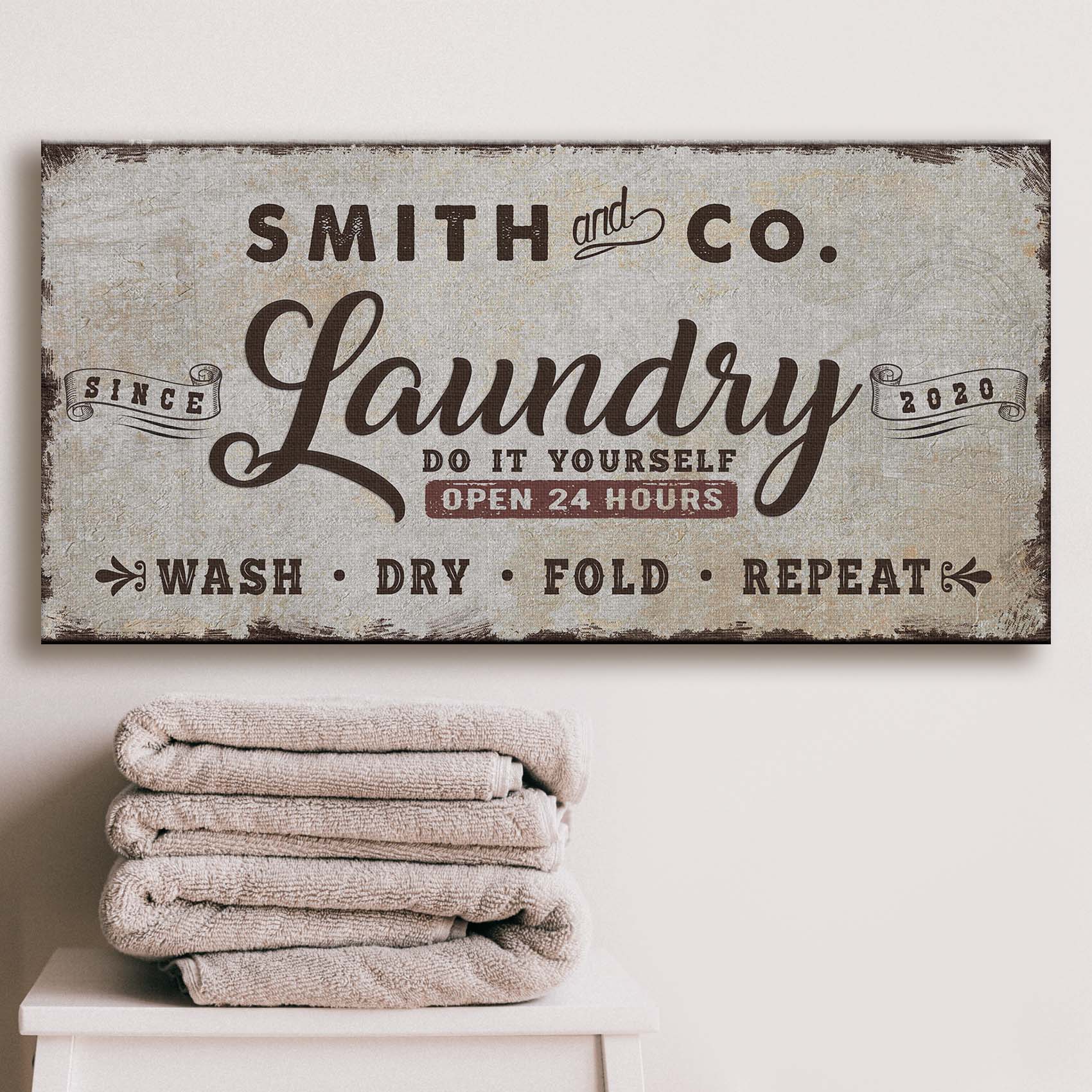 Canvas laundry room sign with vintage typography Smith and Co open 24 hours wash dry fold on Tampa Home & Garden Store