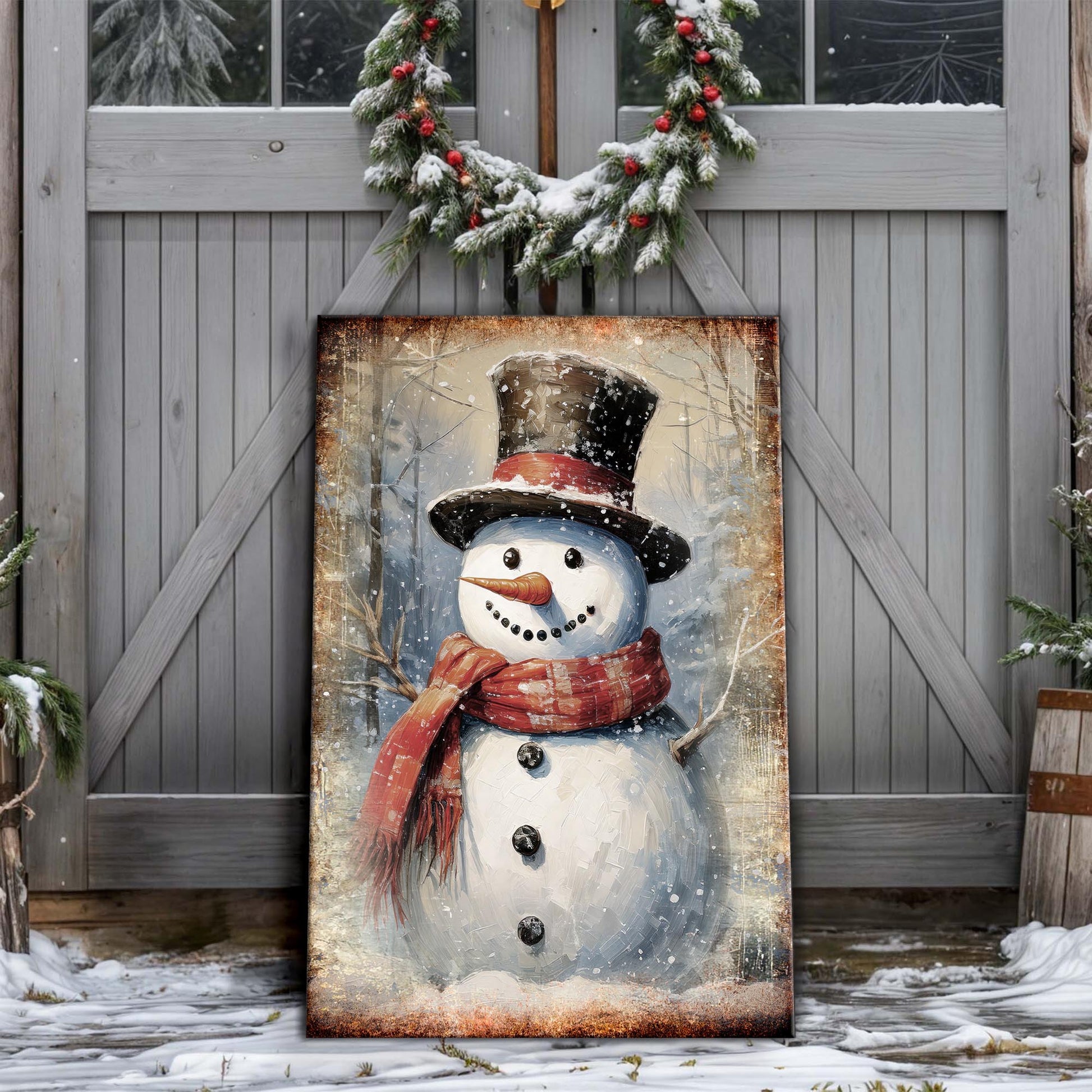 Vintage Snowman Christmas Wall Art canvas by Tailored Canvases with red scarf on Tampa Home & Garden Store