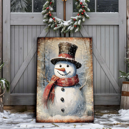 Vintage Snowman Christmas Wall Art canvas by Tailored Canvases with red scarf on Tampa Home & Garden Store