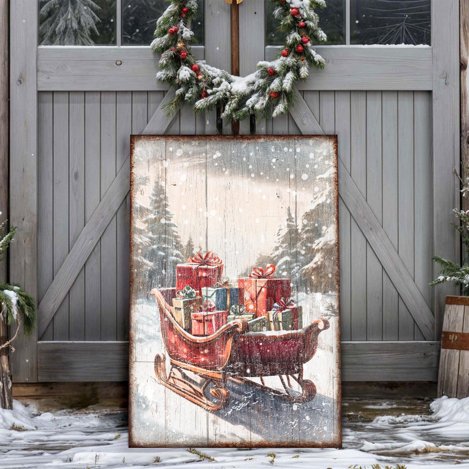 Vintage Christmas Sleigh Sled canvas wall art by Tailored Canvases on rustic gray wood on Tampa Home & Garden Store