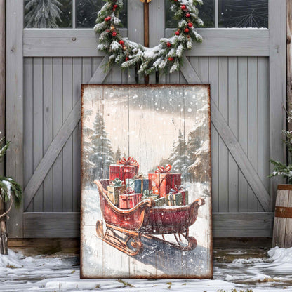 Vintage Christmas Sleigh Sled canvas wall art by Tailored Canvases on rustic gray wood on Tampa Home & Garden Store