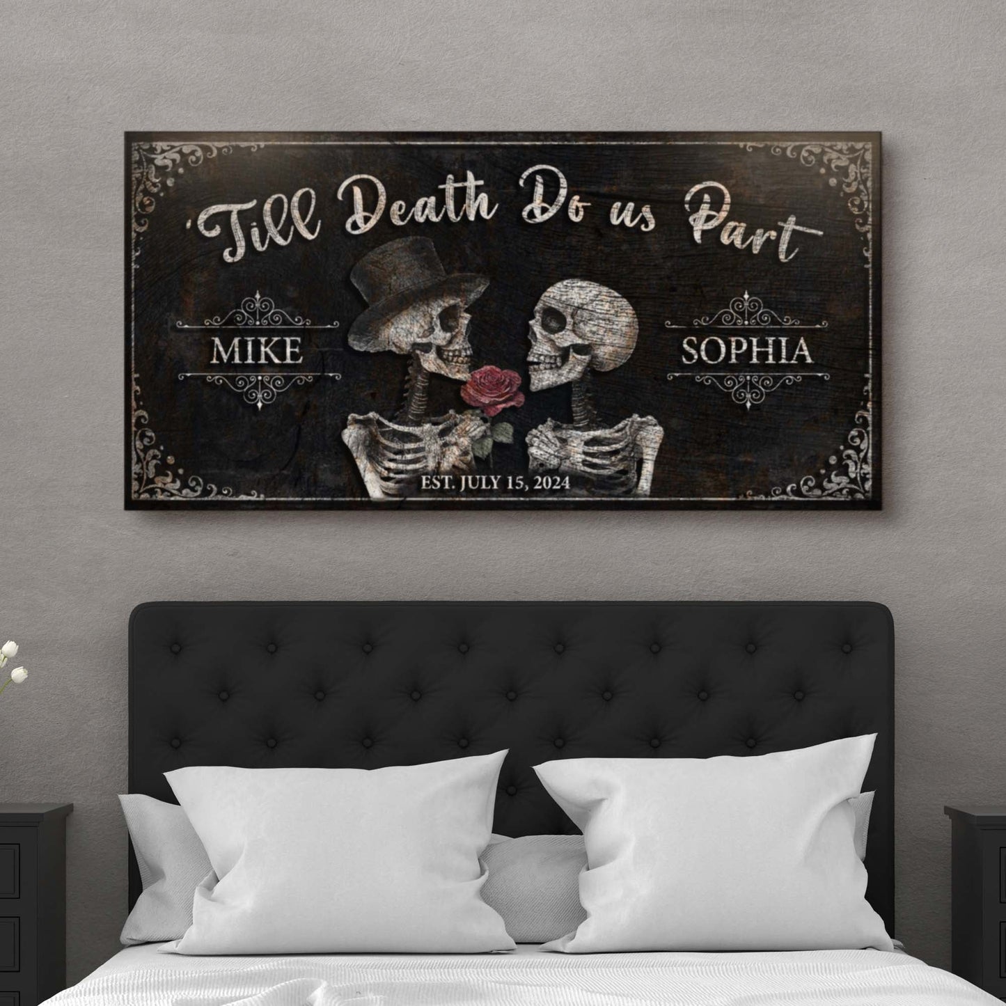 Till Death Do Us Part skeleton couple canvas sign with top hat and roses Tailored Canvases on Tampa Home & Garden Store