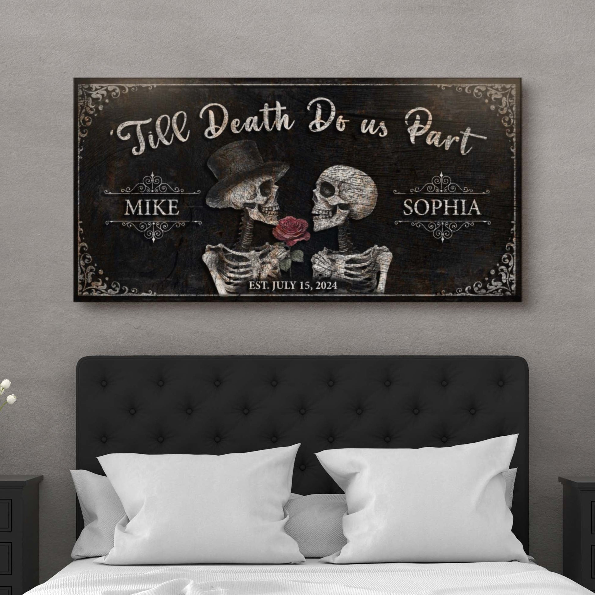 Till Death Do Us Part skeleton couple canvas sign with top hat and roses Tailored Canvases on Tampa Home & Garden Store