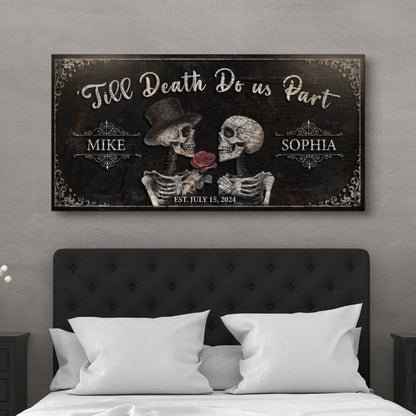 Till Death Do Us Part skeleton couple canvas sign with top hat and roses Tailored Canvases on Tampa Home & Garden Store