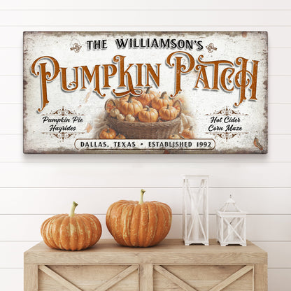Personalized Pumpkin Patch Sign II canvas with distressed rustic finish and pumpkins on Tampa Home & Garden Store