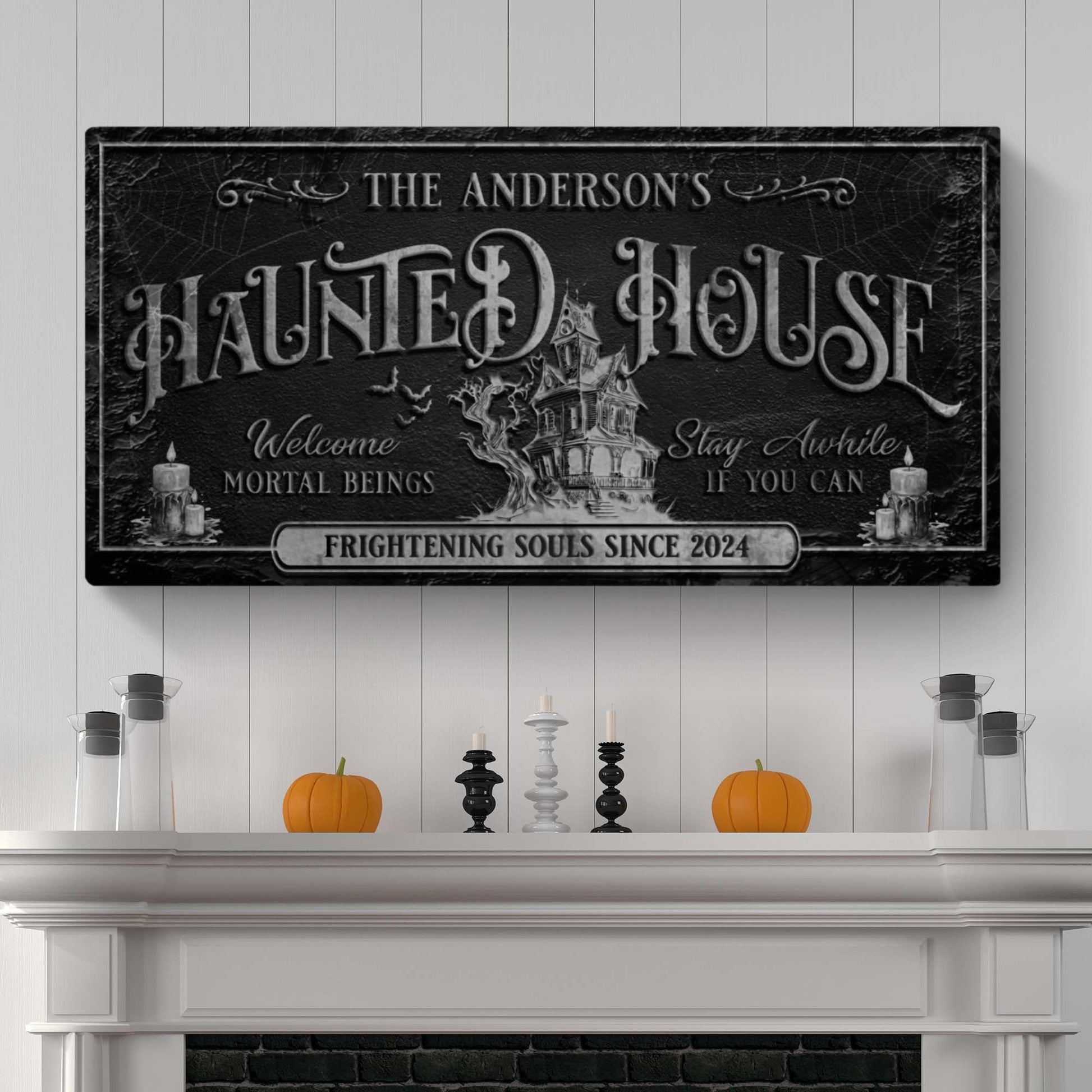 Personalized Haunted House Sign canvas by Tailored Canvases with a black textured background on Tampa Home & Garden Store