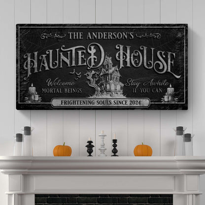 Personalized Haunted House Sign canvas by Tailored Canvases with a black textured background on Tampa Home & Garden Store