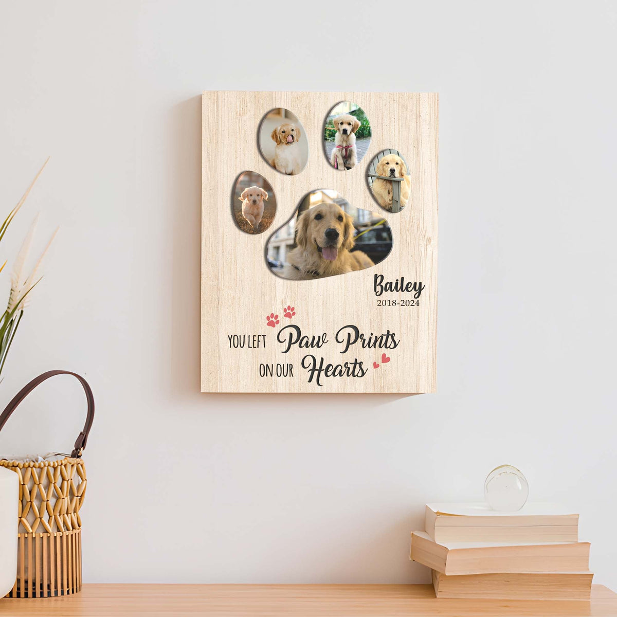 Pet Memorial Sign You Left Paw Prints On Our Hearts II canvas wood plaque with oval frames on Tampa Home & Garden Store