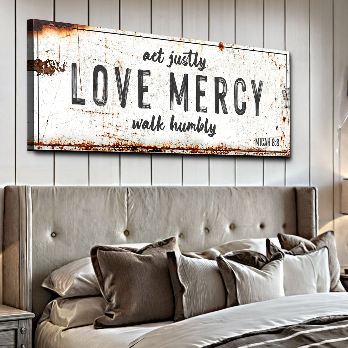 Canvas sign Act Justly Love Mercy Walk Humbly Faith Sign rustic white with black lettering on Tampa Home & Garden Store