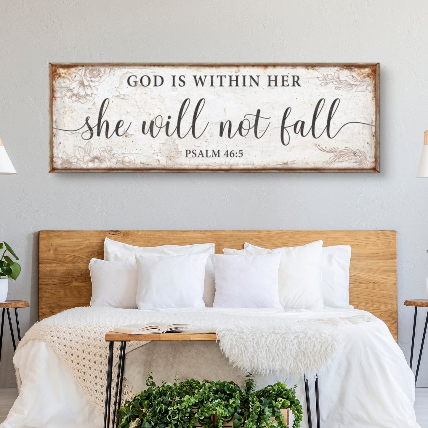 God Is Within Her faith sign canvas by Tailored Canvases, brown frame with floral accents on Tampa Home & Garden Store