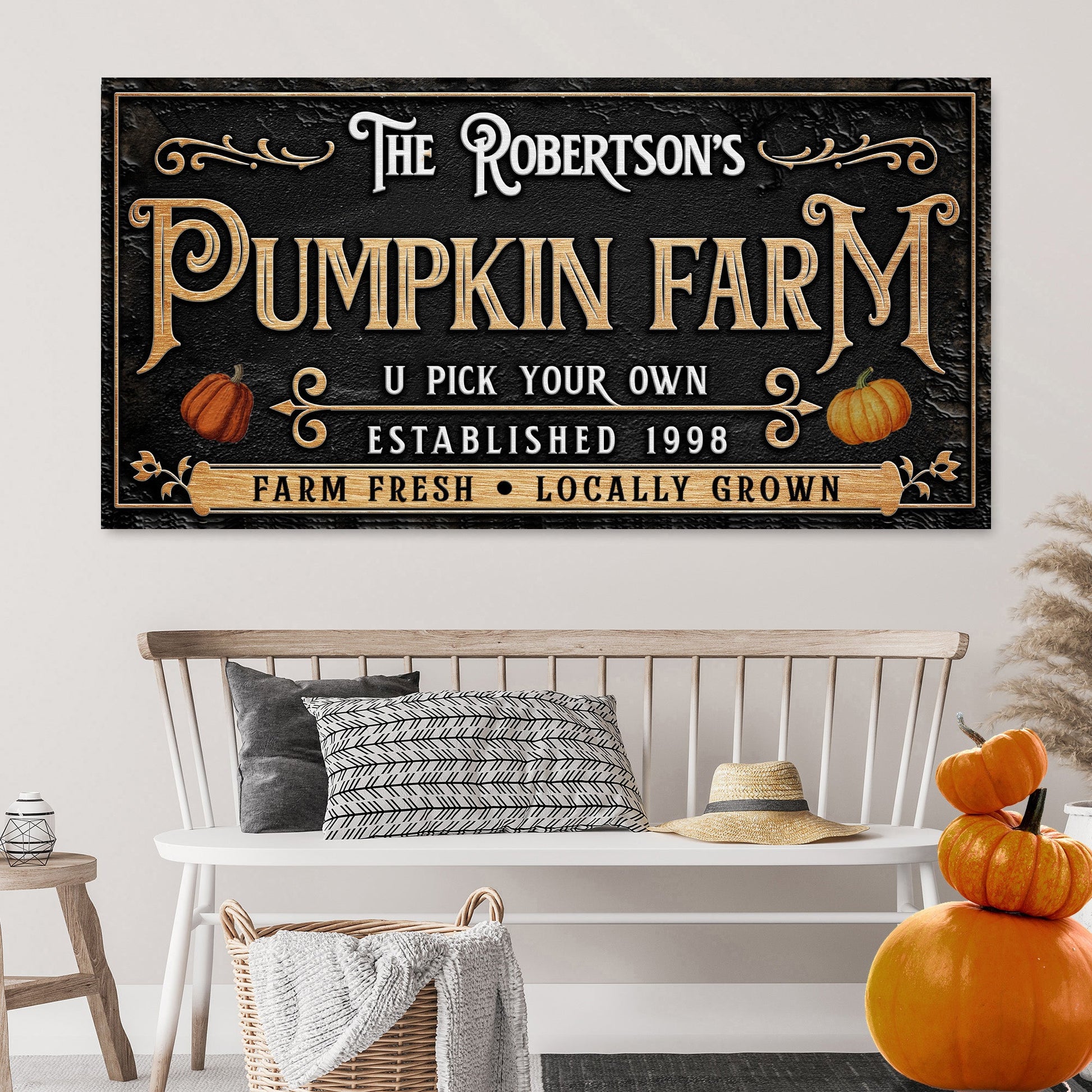 Personalized Pumpkin Farm canvas sign with gold lettering and pumpkins Tailored Canvases on Tampa Home & Garden Store