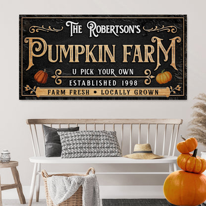Personalized Pumpkin Farm canvas sign with gold lettering and pumpkins Tailored Canvases on Tampa Home & Garden Store
