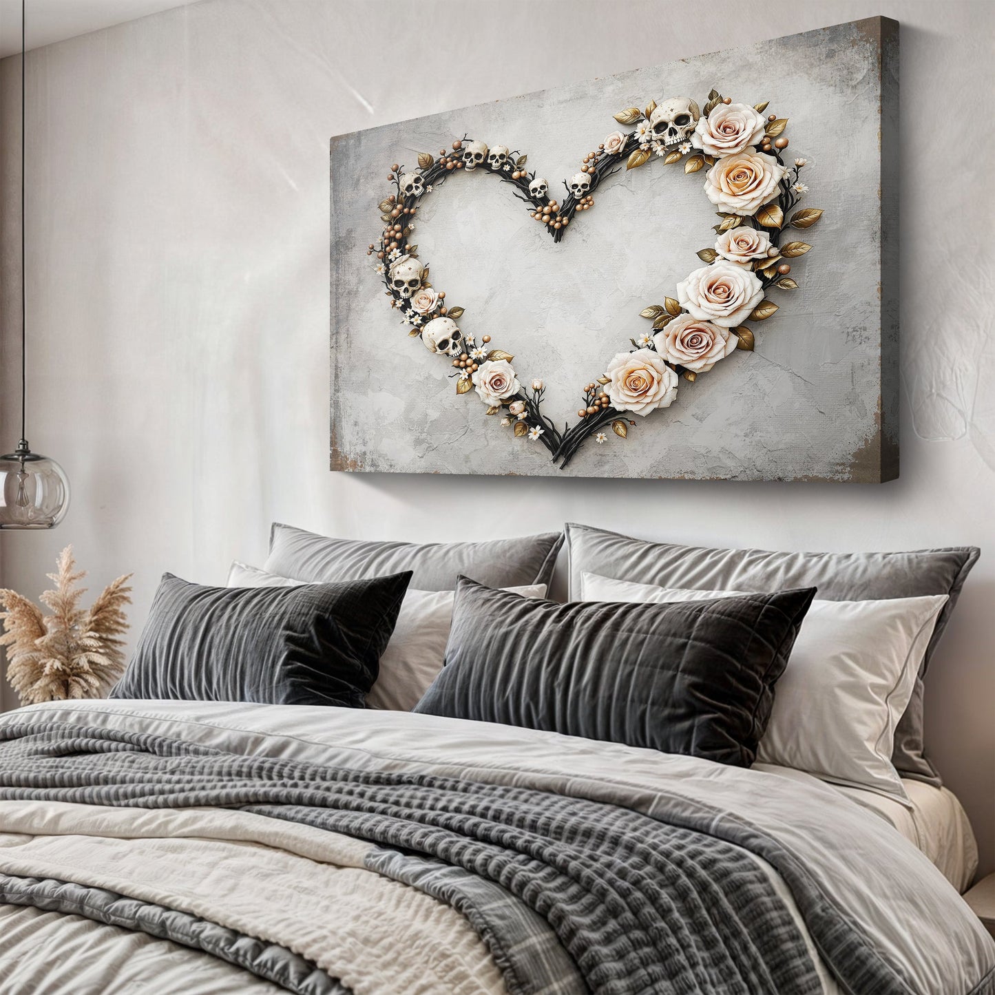 Skull and Flowers Wall Art X canvas by Tailored Canvases; skulls and roses form a heart on gray on Tampa Home & Garden Store