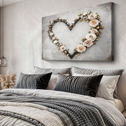 Skull and Flowers Wall Art X canvas by Tailored Canvases; skulls and roses form a heart on gray on Tampa Home & Garden Store