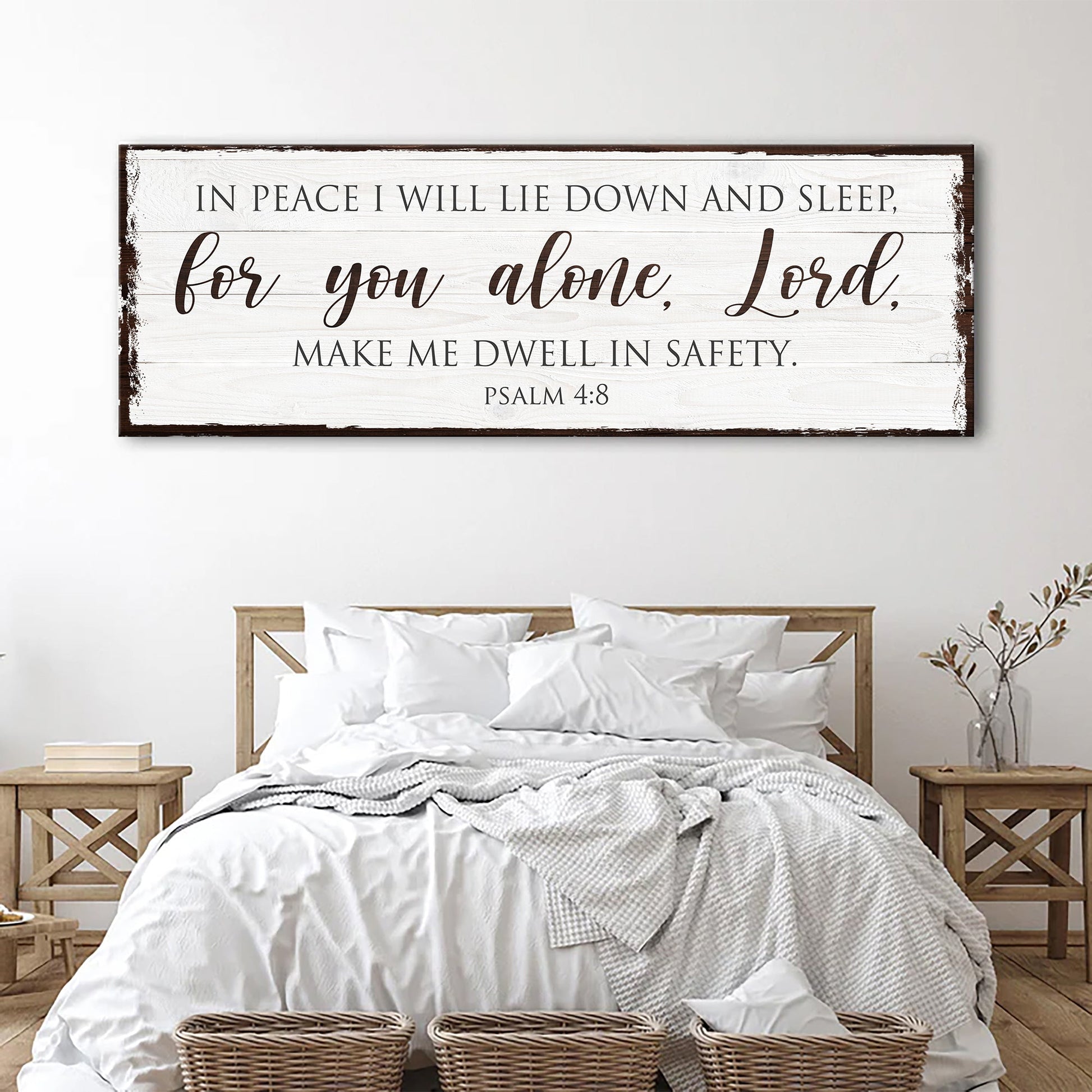 Canvas faith sign In Peace I Will Lie Down And Sleep Psalm 4:8 on distressed white wood on Tampa Home & Garden Store