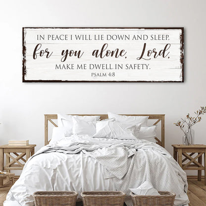 Canvas faith sign In Peace I Will Lie Down And Sleep Psalm 4:8 on distressed white wood on Tampa Home & Garden Store