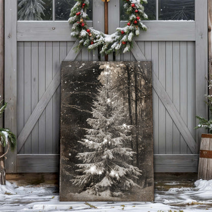 Vintage Christmas Tree Wall Art canvas, black-and-white snowy evergreen by Tailored Canvases on Tampa Home & Garden Store