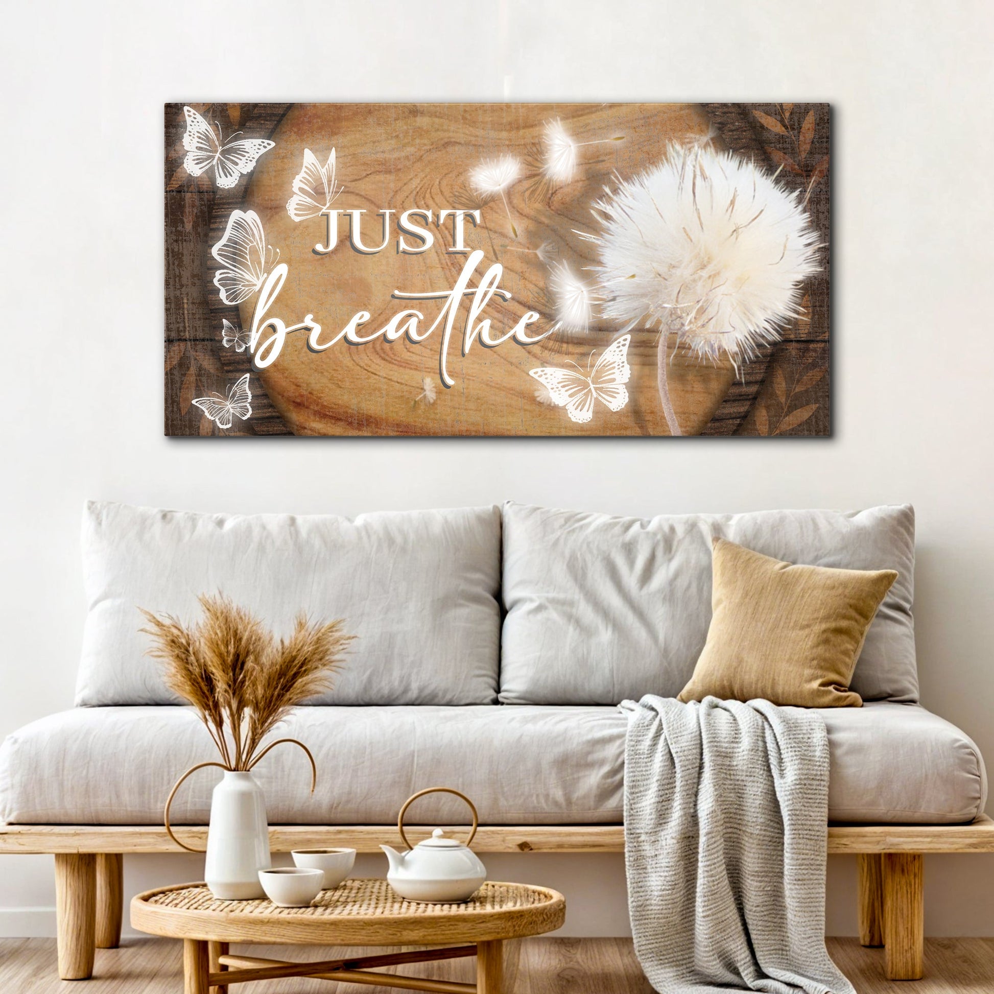 Just Breathe Sign XIII canvas with wood backdrop and butterflies on Tampa Home & Garden Store