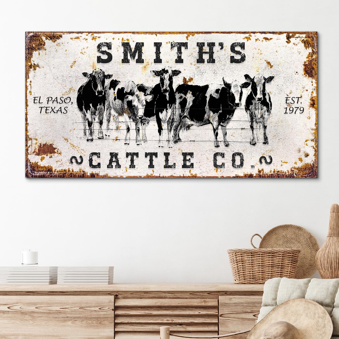 Personalized Cattle Sign II canvas by Tailored Canvases with a herd of cows on Tampa Home & Garden Store