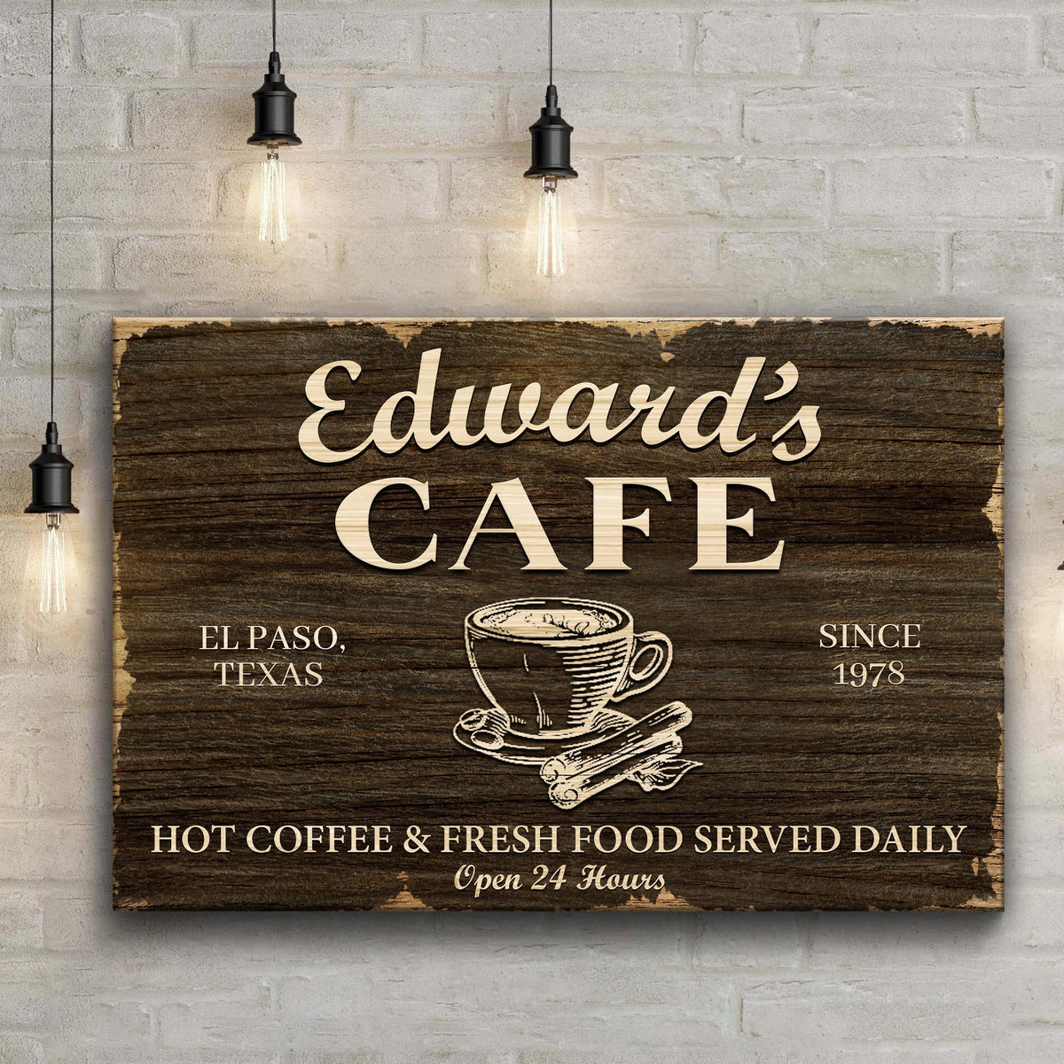 Cafe Sign III canvas with Edward's Café text on wood, coffee cup graphic and pendant lights on Tampa Home & Garden Store