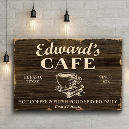 Cafe Sign III canvas with Edward's Café text on wood, coffee cup graphic and pendant lights on Tampa Home & Garden Store