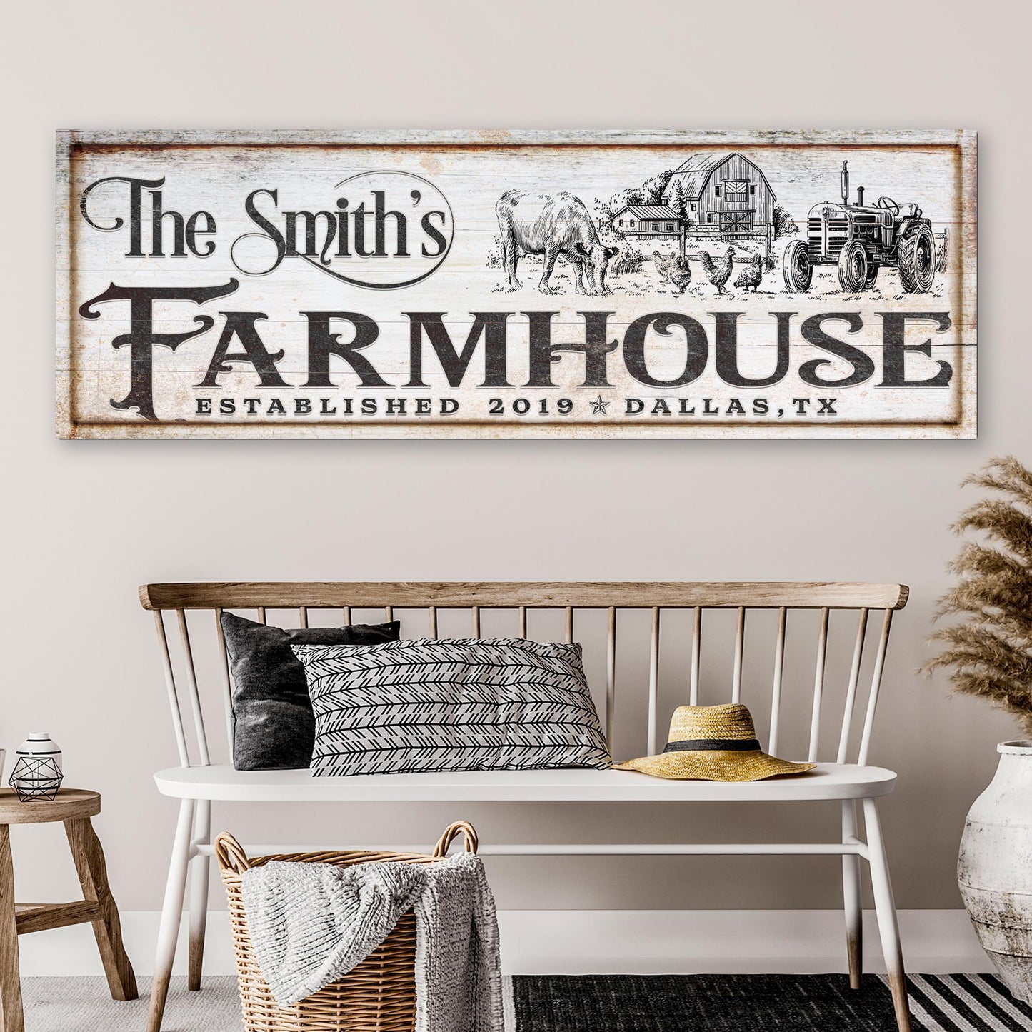 Canvas Vintage Rust Farmhouse Sign II by Tailored Canvases with farmhouse scene and tractor on Tampa Home & Garden Store