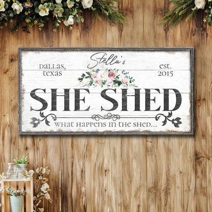 Personalized She Shed Sign VII canvas by Tailored Canvases with floral bouquet and rustic frame on Tampa Home & Garden Store