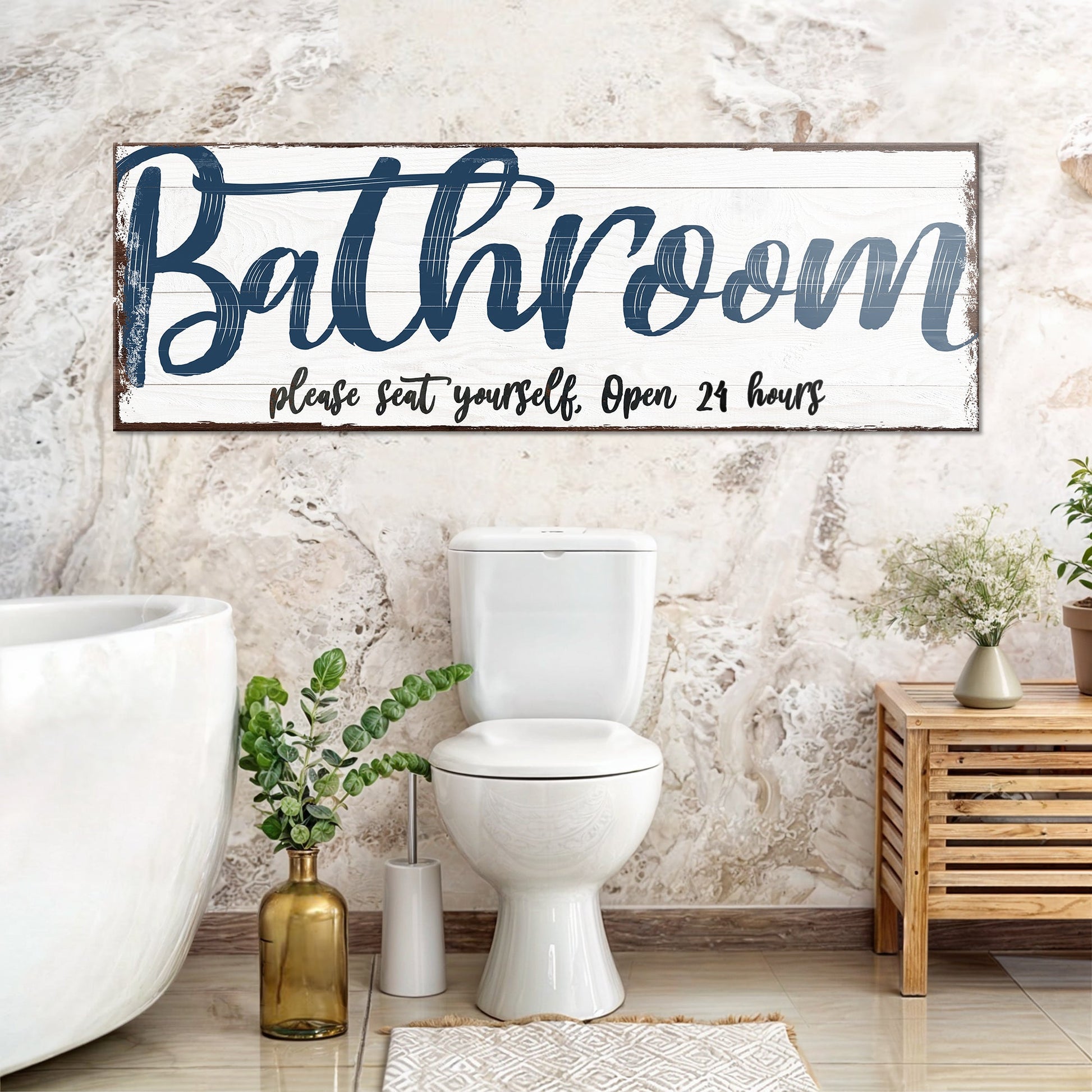 Please Seat Yourself Bathroom Sign II canvas with blue script on wood Tailored Canvases on Tampa Home & Garden Store