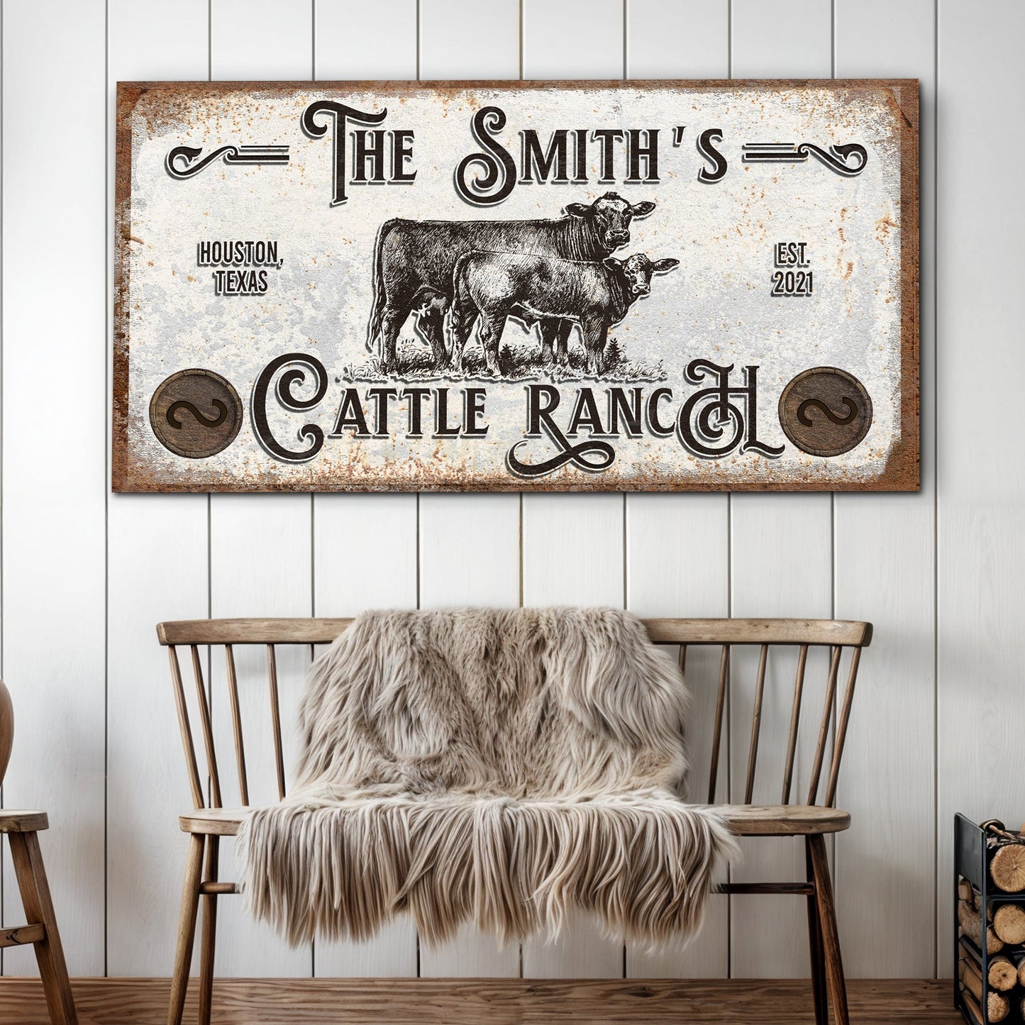 Canvas sign Branded Cattle Ranch IV featuring two cows, vintage typography, rustic brown frame on Tampa Home & Garden Store