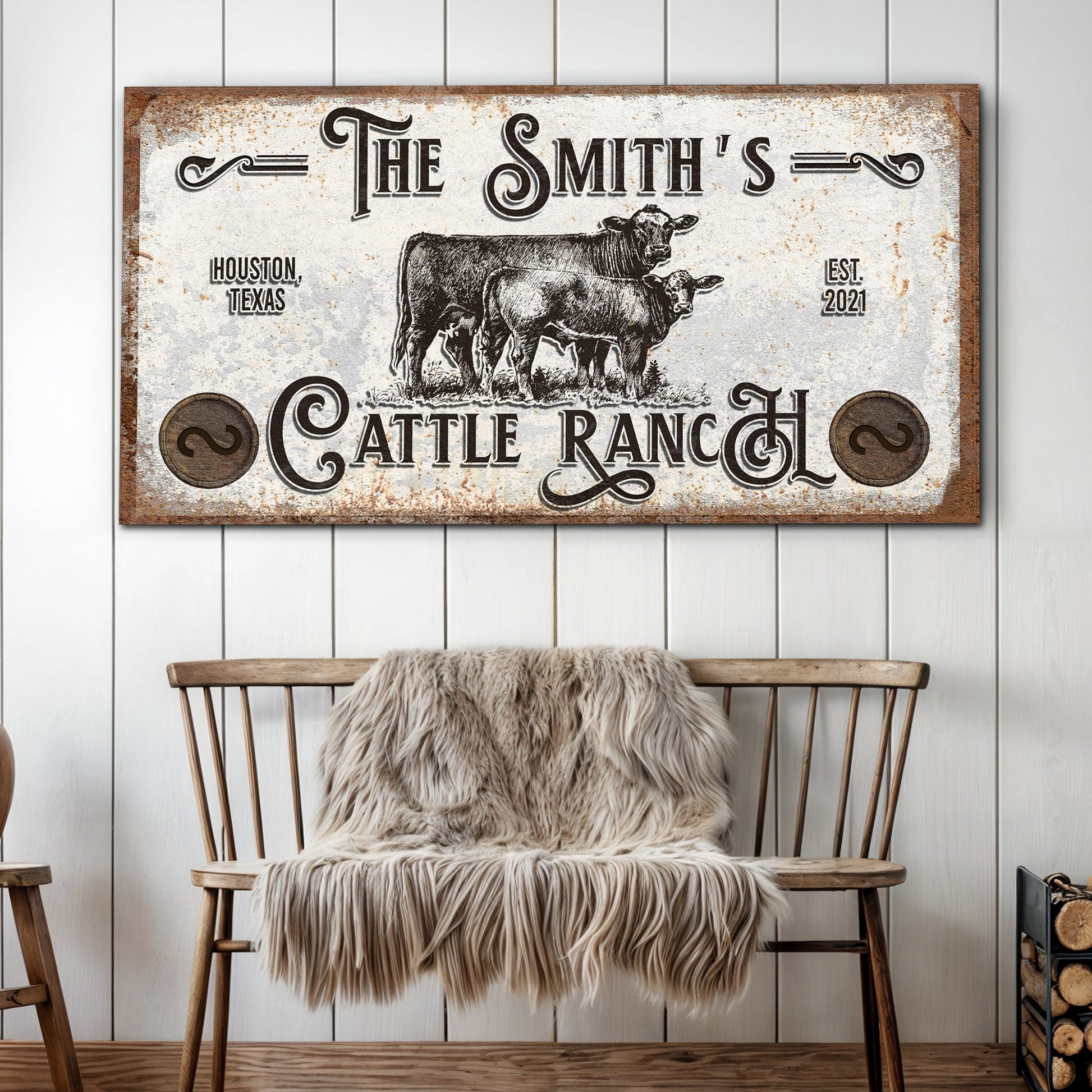 Canvas sign Branded Cattle Ranch IV featuring two cows, vintage typography, rustic brown frame on Tampa Home & Garden Store