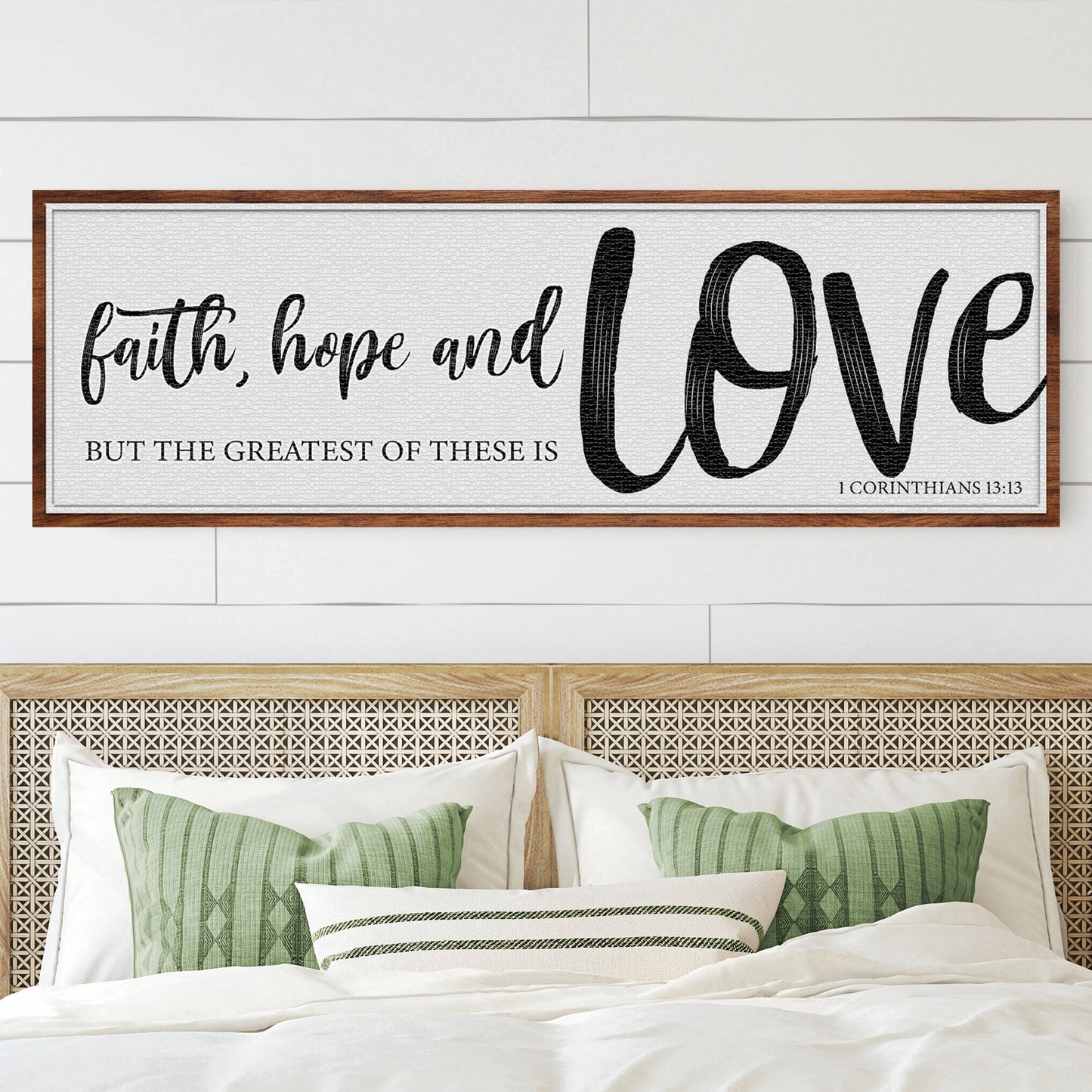 Faith Hope and Love canvas sign with large scripted Love and framed verse text wood frame on Tampa Home & Garden Store