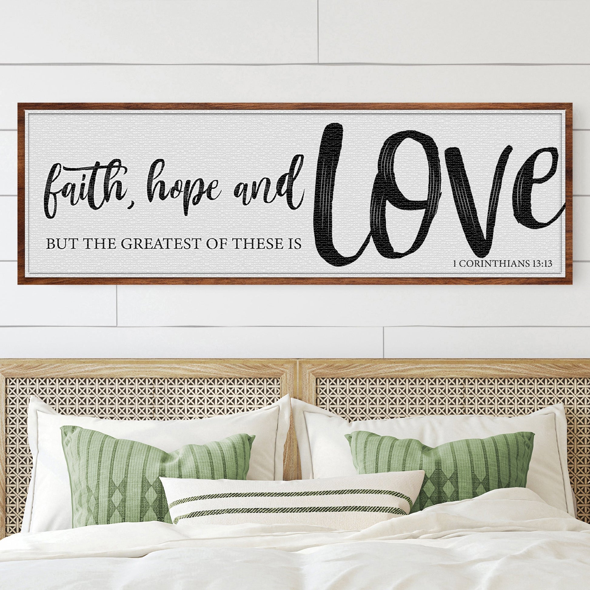 Faith Hope and Love canvas sign with large scripted Love and framed verse text wood frame on Tampa Home & Garden Store