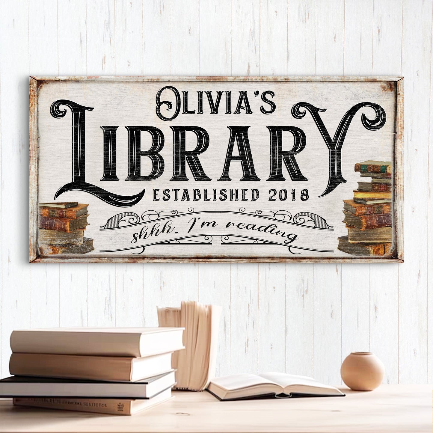 Canvas Shhh I'm Reading Library Sign by Tailored Canvases with vintage typography and book stack on Tampa Home & Garden Store