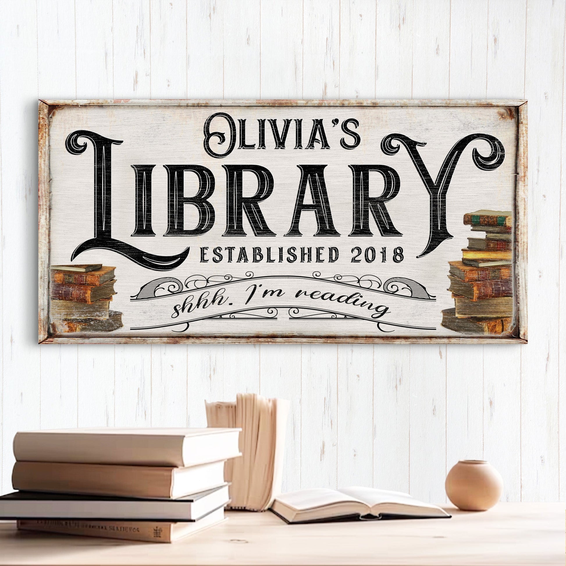 Canvas Shhh I'm Reading Library Sign by Tailored Canvases with vintage typography and book stack on Tampa Home & Garden Store
