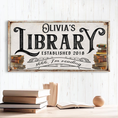 Canvas Shhh I'm Reading Library Sign by Tailored Canvases with vintage typography and book stack on Tampa Home & Garden Store