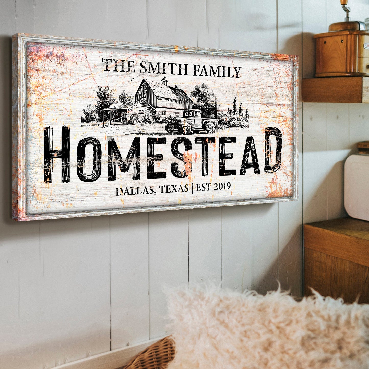 Canvas Homestead Sign VIII rustic whitewashed with farmhouse scene and bold HOMESTEAD lettering on Tampa Home & Garden Store