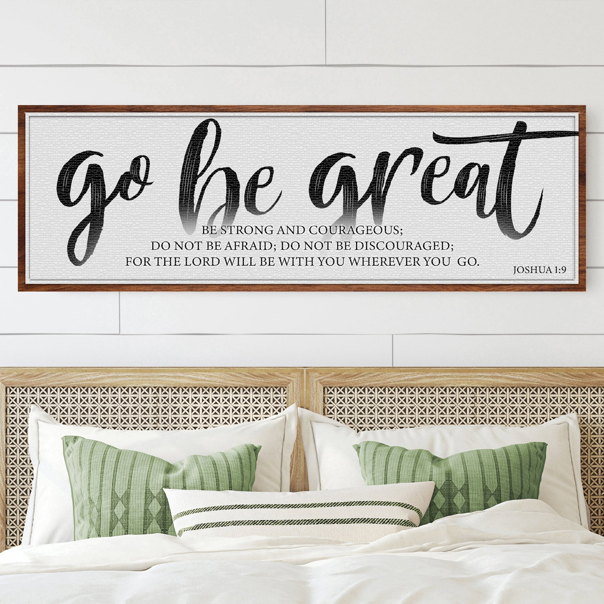 Canvas Go Be Great Joshua 1:9 Faith Sign Tailored Canvases; black script on white wood frame on Tampa Home & Garden Store