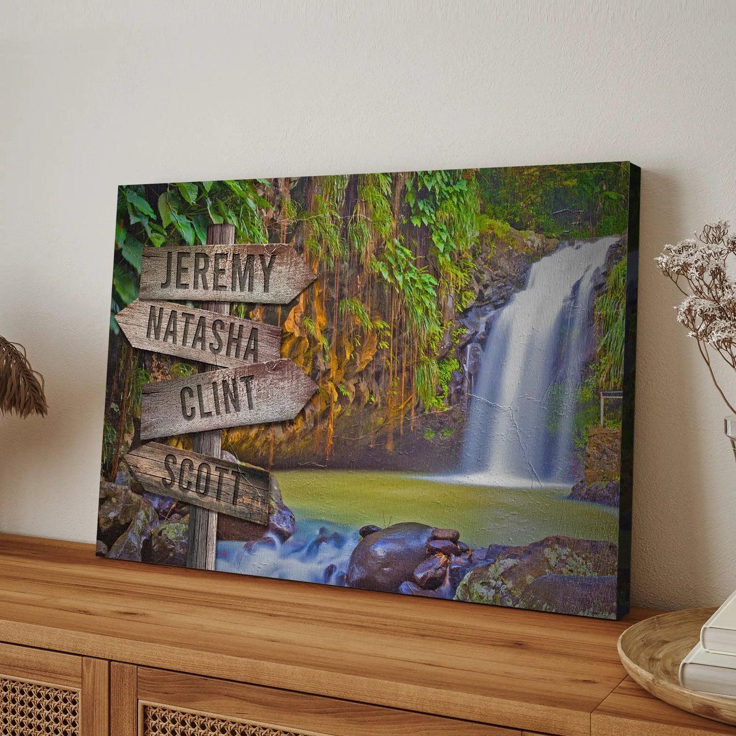 Waterfall family names sign canvas with four wooden name arrows Tailored Canvases on Tampa Home & Garden Store