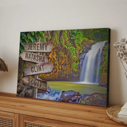 Waterfall family names sign canvas with four wooden name arrows Tailored Canvases on Tampa Home & Garden Store