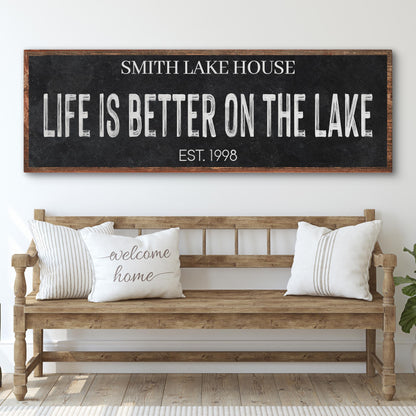 Life Is Better On The Lake Sign III canvas with wood frame and white lettering on chalkboard on Tampa Home & Garden Store