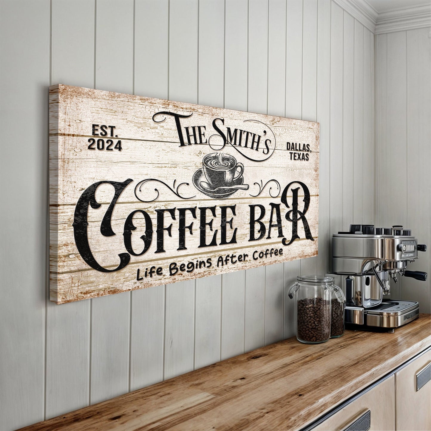 Personalized Coffee Bar Sign IV canvas wall art with distressed wood finish and coffee cup motif by Tailored Canvases on Tampa Home & Garden Store