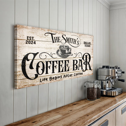 Personalized Coffee Bar Sign IV canvas wall art with distressed wood finish and coffee cup motif by Tailored Canvases on Tampa Home & Garden Store
