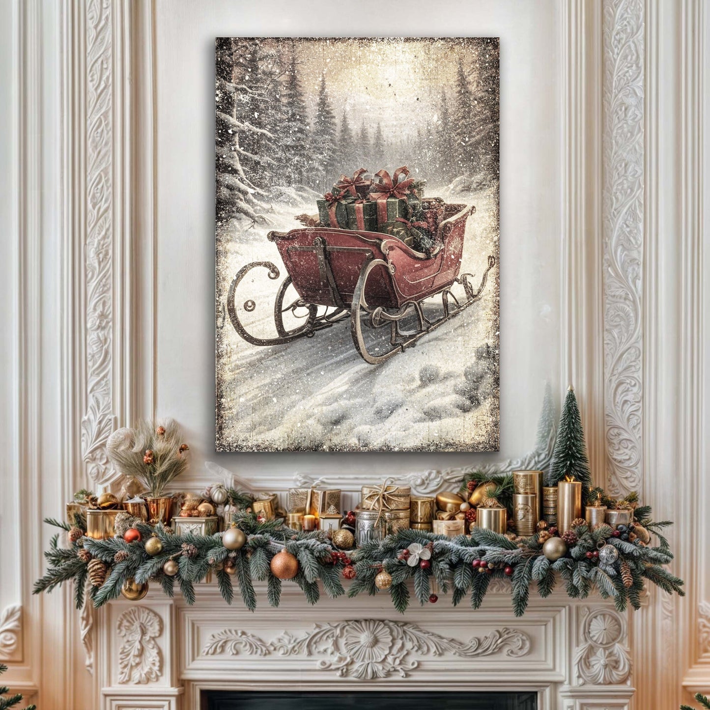Vintage Christmas Sleigh Sled canvas art Tailored Canvases, red sleigh with gifts in snow on Tampa Home & Garden Store