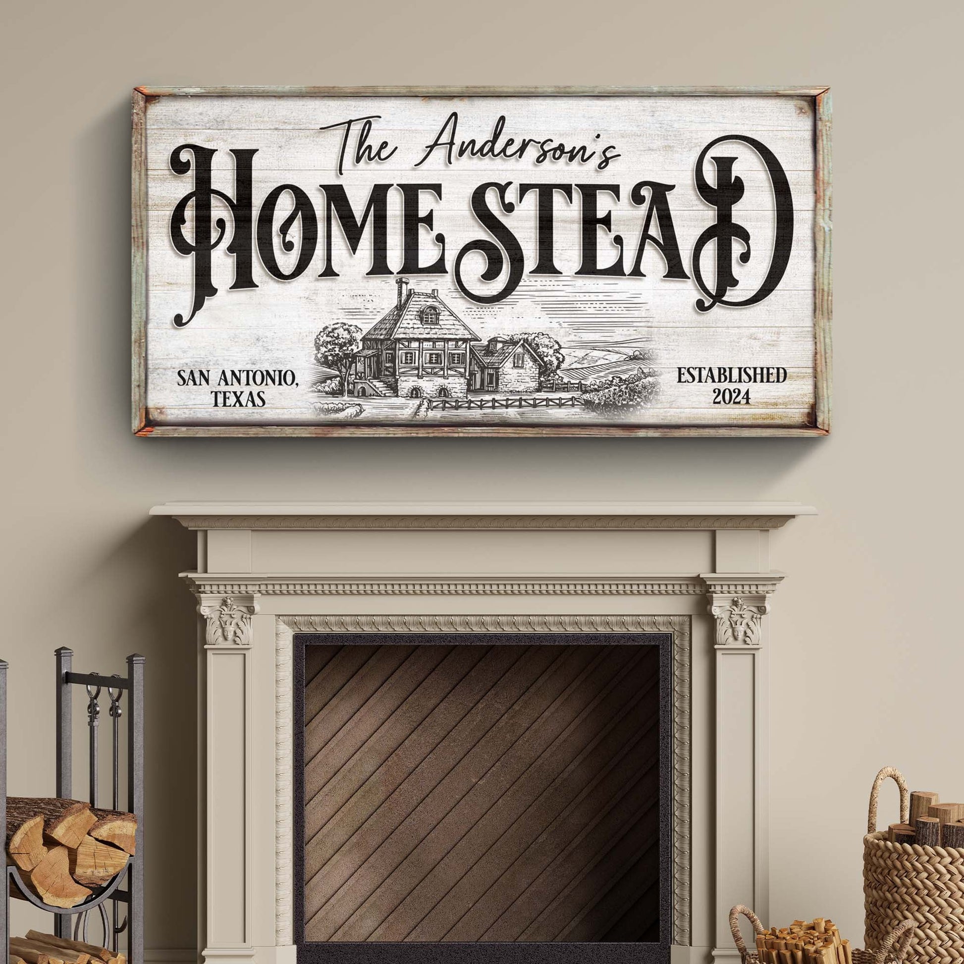Canvas Homestead Sign X Tailored Canvases; rustic whitewash with bold black lettering on Tampa Home & Garden Store